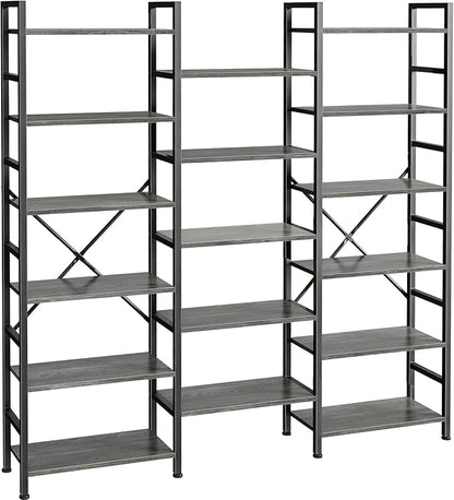 SUPERJARE Triple Bookshelf, Bookcase with 11 Open Display Shelves, Wide Book Shelf Book Case for Home & Office, 6 Tier, Grey
