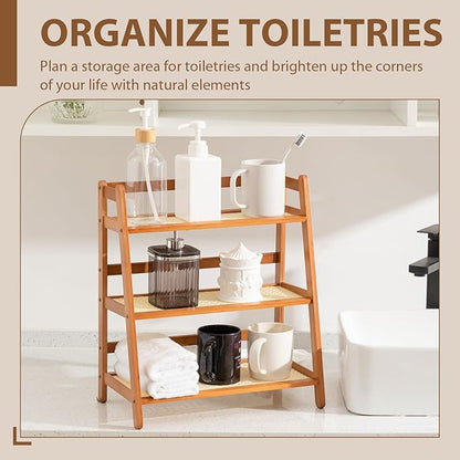 Yalikop 3 Tier Matcha Station Shelf Bamboo Coffee Mug Stand Countertop Storage Rack,Three Layer Rattan Office Cup, Kitchen, Tea, Plant, Bar Accessories Condiment Display(Brown)