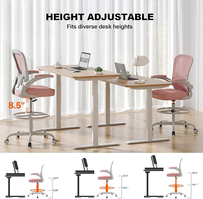 Ergonomic Drafting Chair, Tall Office Chair with Flip-up Armrests, Breathable Mesh High Desk Chair with Lumbar Support Adjustable Footrest Ring for Standing Desk Pink