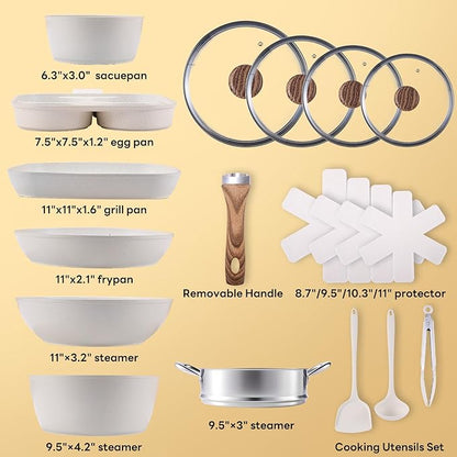 Sweetcrispy 17 Pcs Nonstick Pots and Pans, Non-toxic Kitchen Cooking Set, Induction Cookware Sets with Stay-Cool Handles, Beige