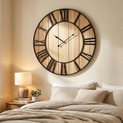 EMAX HOME Large Farmhouse Wall Clock 24 Inch Vintage Brown Wooden Wall Clock with Quiet Ticking and Minimalist Roman Numerals for Bedroom Living Room Office Kitchen Home Decor, Battery Operated
