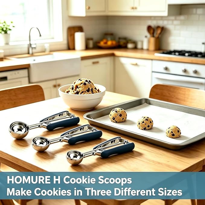 HOMURE H Cookie Scoop Set, Include 1 Tbsp/2 Tbsp/3 Tbsp, Cookie Dough Scoop, Cookie Scoops for Baking Set of 3, Mellon Baller Scoop, Dusty Blue, Non-Slip, For Cookies Cupcake Muffin Ice Cream Meatball