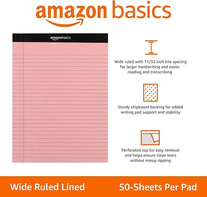 Amazon Basics Wide Ruled Lined Writing Note Pads with Sturdy Back, 8.5" x 11.75", Multicolor, 6-Pack, 300 Sheets, Perforated