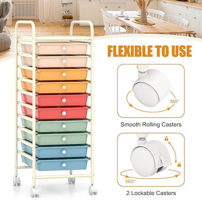 MEDIMALL 10 Drawers Rolling Storage Cart, Multipurpose Craft Storage Cart with Wheels, Mobile Tools Scrapbook Paper Organizer Cart for Office School Home Use
