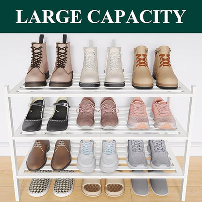Smiry Bamboo Shoe Rack 3-Tier, Stackable Wooden Shoe Organizer for Entryway & Closet, Free Standing Wood Shoe Storage Shelf for Front Door & Small Spaces, White