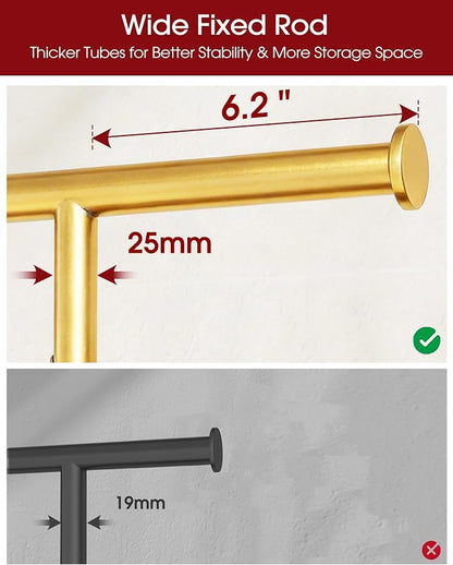 Sakugi Clothes Rack - Large-Capacity Clothing Racks for Hanging Clothes with Lockable Wheels, Space-Saving Metal Coat Rack for Bedroom, Laundry Room, Entryway, 45.6" x 16.9" x 59", Gold