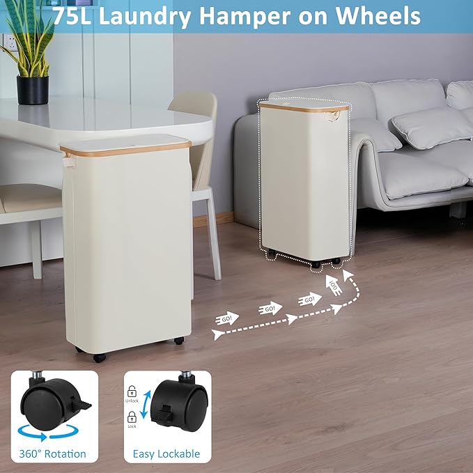 efluky Slim Laundry Basket with Wheels, Tall Rolling Laundry Hamper with Lid and Removable Bag, Aesthetic Dirty Clothes Hamper on Wheels for Laundry Room, Bedroom, Dorm and Bathroom,75L Beige