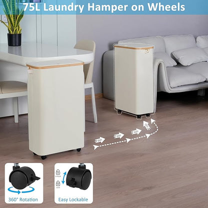 efluky Slim Laundry Basket with Wheels, Tall Rolling Laundry Hamper with Lid and Removable Bag, Aesthetic Dirty Clothes Hamper on Wheels for Laundry Room, Bedroom, Dorm and Bathroom,75L Beige