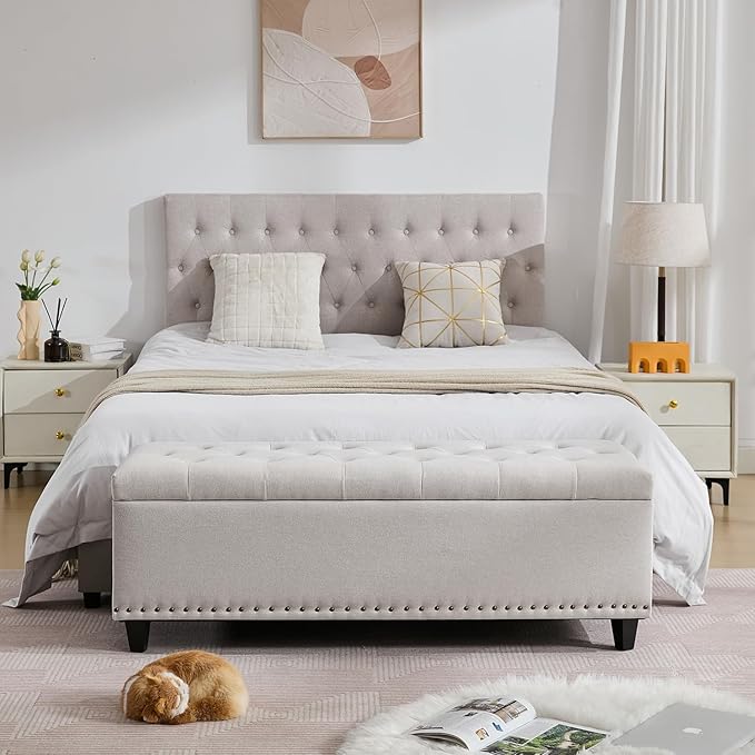 Tbfit 50.8“ Large Ottoman Storage Bench for Bedroom, Oversized Tufted Upholstered Entryway Benches End of Bed, Rectangle Dorm Foot Stool with Safety Hinge & Solid Wood Legs, Loads 660 lb, Beige