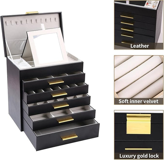 BOOVO Jewelry Boxes for Women, White and Black 6 Layer Large Jewelry Box for Necklace, Bracelet, Earrings, Rings Storage, Jewelry holder Organizer for Girls Gift (Black and Gold, 6 layer)