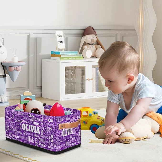 Personalized Small Storage Basket with Name, Pet Kids Toys Storage Bin with Handles for Shelf Home Closet Kitchen Countertop, Bright Purple Sequins Background
