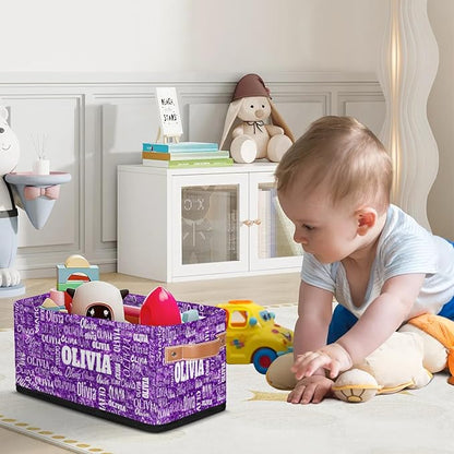 Personalized Small Storage Basket with Name, Pet Kids Toys Storage Bin with Handles for Shelf Home Closet Kitchen Countertop, Bright Purple Sequins Background