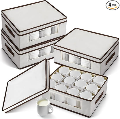 Uiifan 4 Pcs Mug Storage Box with Dividers 12 Compartment Stemware Storage Cases China Container Box with Lid, Handles, PVC Window for Moving, Beige