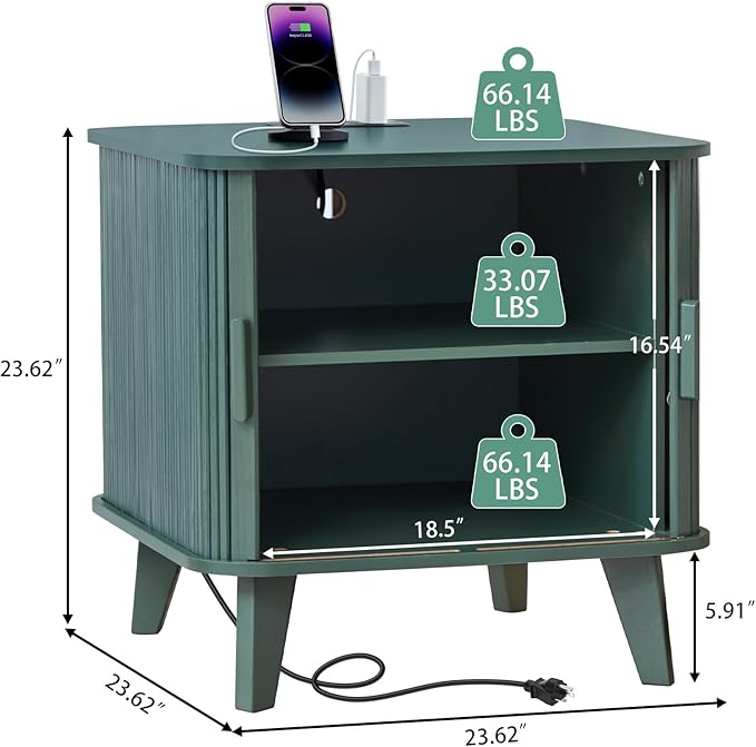 24" Large Fluted End Table with Charging Station, Farmhouse Sofa Side Table with Sliding Tambour Door & Storage, Curved Rustic Wood Nightstand for Living Room, Bedroom, Green