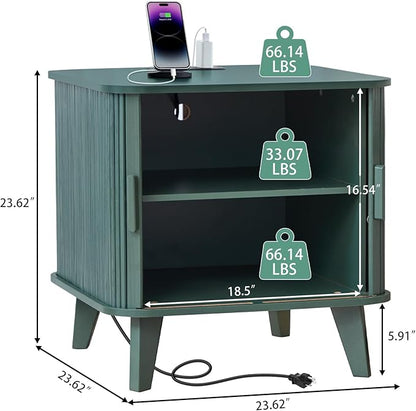 24" Large Fluted End Table with Charging Station, Farmhouse Sofa Side Table with Sliding Tambour Door & Storage, Curved Rustic Wood Nightstand for Living Room, Bedroom, Green