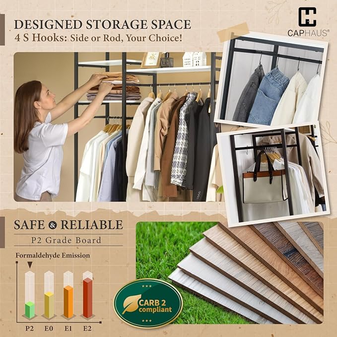 CAPHAUS 913lbs Capacity Garment Rack for Hanging Clothes, Heavy Duty Open Wardrobe w/Hanging Rods, Free Standing Closet Organizer, Clothing Rack, Metal Closet w/Wooden Boards, Black Vintage Board