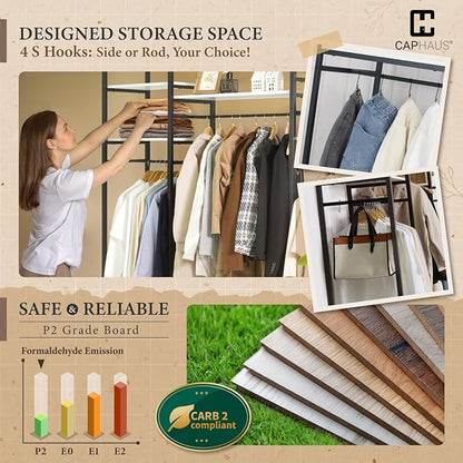 CAPHAUS 913lbs Capacity Garment Rack for Hanging Clothes, Heavy Duty Open Wardrobe w/Hanging Rods, Free Standing Closet Organizer, Clothing Rack, Metal Closet w/Wooden Boards, Black Vintage Board