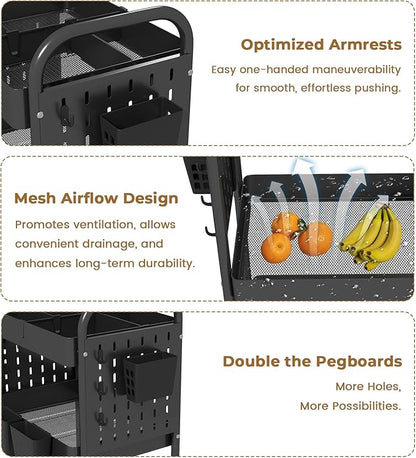 danpinera Craft Cart, Black Rolling Cart with Retractable Dividers & DIY Pegboards for Kitchen, Bedroom, Laundry