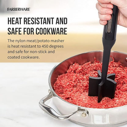 Farberware Meat Masher and Chopper Tool with 5 Beveled Blades - Ground Beef Chopper, Potato Masher, Batter Stirrer - Heat Resistant to 450 F, Dishwasher Safe