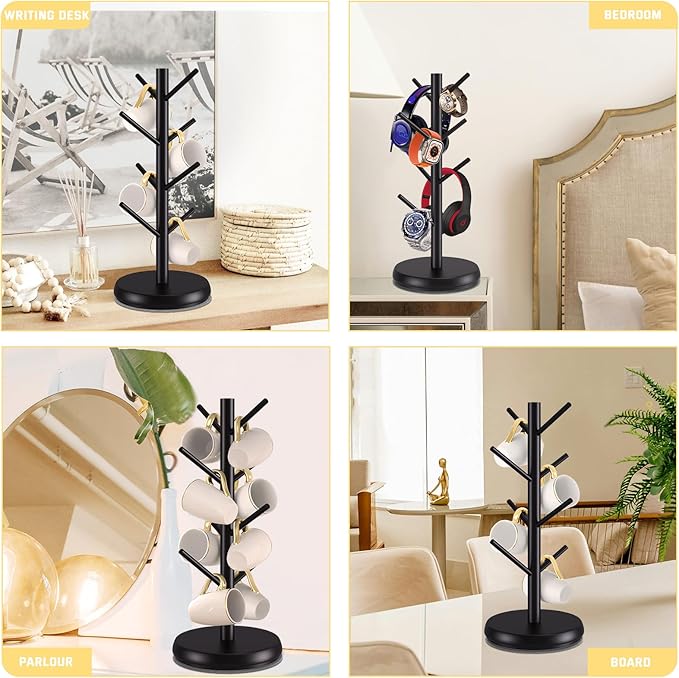 Bamboo Mug Holder Tree - Upgraded 360° Rotating 8 Hooks Coffee Cup Rack, Sturdy No-Tool Assembly Counter Organizer for Mugs, Jewelry & Accessories, Eco-Friendly Wood Stand(Black)