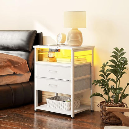 AODK Night Stand with Charging Station, End Table for Bedroom Tall Nightstand with Drawers, Small Nightstand for Bedroom, 4 Tier Storage Bedside Table, White
