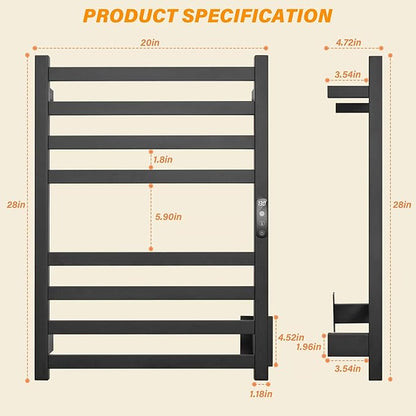 Towel Warmer Matte Black Heated Towel Rack for Bathroom Wall Mounted Electric Towel Dryer Rack with Temperature Control and 24 Timer Plug-in/Hardwired