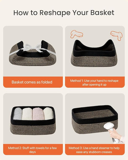 Small Woven Basket, 12 x 8 x 4.5 Inches, Storage Basket for Organizing, Cute Small Rope Shelf Closet Cube Storage Bins Baskets for Shelves, Dog Toy Gift Baskets Empty, 3 Pack Black & Brown