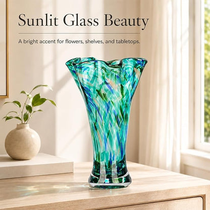 9.0" H Teal Glass Vases for Flowers, Unique Hand Blown Glass Vase Green Home Decor, Wide Mouth Colorful Flower Vase Centerpieces, for Living Room Table Bookshelf, Bathroom Office Shelf Decorative