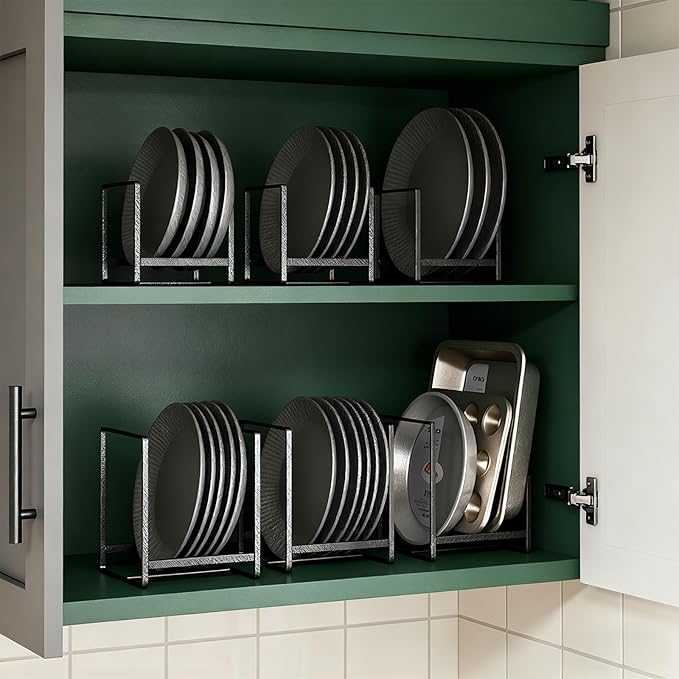 4 Pieces Plate Organizer for Kitchen Cabinet, Metal Dish Organizers Upright Dish Racks Plate and Bowl Storage Organizer for Pots Pans Cutting Boards (Black, 2 Sizes)