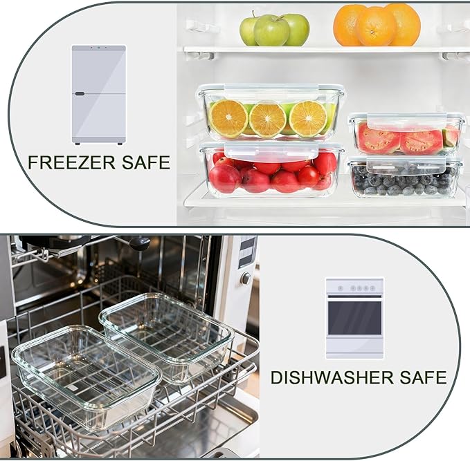 KOMUEE Large Glass Food Storage Containers Set (63oz & 27oz) with Airtight Lids, BPA-Free, 4 Pack Meal Prep Containers for Baking, Serving, Freezer, Microwave and Oven Safe