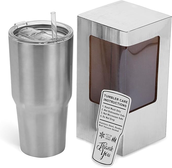 makerflo Silver 30 oz Stainless Steel Tumbler Pack of 25 with Lid & Straw | Craft-Ready for DIY Gifts & Personalization (Epoxy, UV DTF, Vinyl, and Laser Engraving) - Not for Sublimation