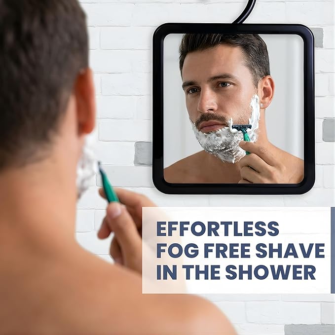 MIRRORVANA Dual Anti Fog Shower Mirror for Shaving with Hook for Hanging and Fogless Shatterproof Surface - Fill Back Chamber/Reservoir with Hot Water for Fog Free Shave (8" x 7", Black)