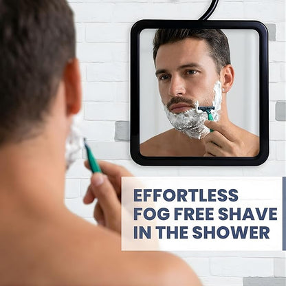 MIRRORVANA Dual Anti Fog Shower Mirror for Shaving with Hook for Hanging and Fogless Shatterproof Surface - Fill Back Chamber/Reservoir with Hot Water for Fog Free Shave (8" x 7", Black)