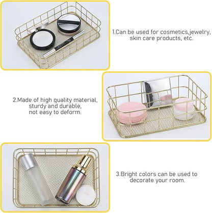 Gold Basket Set with 2 Pen Holders - 4Pcs Metal Mesh Desktop Organizer for Office, Bathroom, Vanity & Home Decor, Storage Solution for Stationery, Makeup, Files (Large & Small Sizes)
