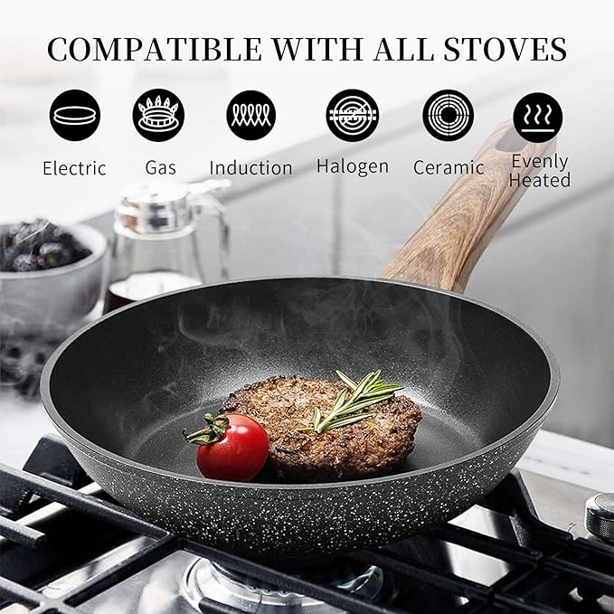 Frying Pan Nonstick - 9.5 Inch Frying Pan,Non Stick Skillet Egg Omelette Pan, Black Nonstick Non Toxic Cooking Pan,Oven Safe, Induction Compatible, PFOA Free