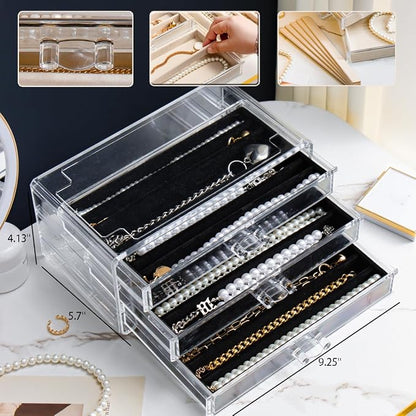 YUFONG Necklace Holder Organizer, Dustproof Necklace Box Velvet Necklace Organizer Box with Lid Clear Acrylic Dustproof Stackable Jewelry Displays for Necklaces Chain Display (Black, 3 Drawer)