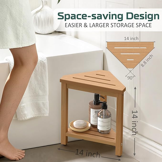 Shower Foot Rest 14in, HDPE Waterproof Shower Stool for Inside Shower, Corner Shower Stool for Shaving Legs with Storage Shelf, Shower Step Stool for Small Space, Plastic Corner Shower Bench, Teak