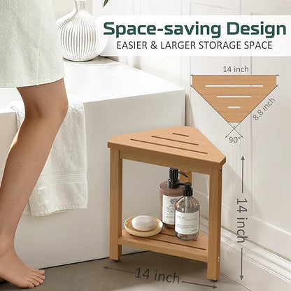 Shower Foot Rest 14in, HDPE Waterproof Shower Stool for Inside Shower, Corner Shower Stool for Shaving Legs with Storage Shelf, Shower Step Stool for Small Space, Plastic Corner Shower Bench, Teak
