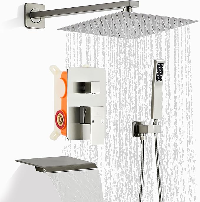 Brushed Nickel Rainfall Shower Head 8 Inch Set Faucet with Tub Spout and Handle System Square Wall Mount for Bathroom