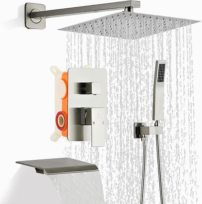 Brushed Nickel Rainfall Shower Faucet Set with Tub Spout 10 Inch, Shower Head and Handle with 2 Hooks, Rain Shower and Handheld Shower System Square Wall Mount for Bathroom