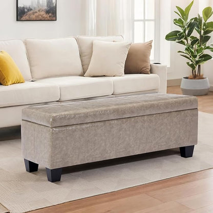 Faux Leather Ottoman with Storage, 41" Storage Bench Foot Rest with Legs, Ottoman Bench Sturdy Wood Frame Supports 660 lbs for Bedroom, Living Room, Entryway, Grey
