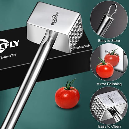 Meat Tenderizer Stainless Steel, Heavy Duty Meat Hammer, Kitchen Meat Mallet 1.65LB Meat Pounder Flatterner Weighted Hammer Extended Handle for Labor-saving Chicken Steak Meat Tenderizer Tool