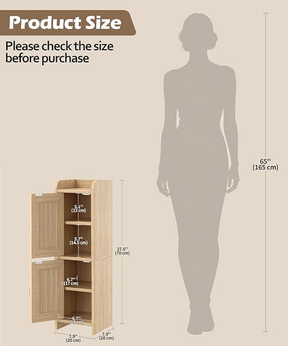 Akxomel Rattan Small Bathroom Cabinet with 2 Doors, 7.9''D x 7.9''W Narrow Toilet Paper Storage Cabinet, Bathroom Organizer for Small Spaces, Wooden Slim Corner Unit with Adjustable Shelf, Natural Oak