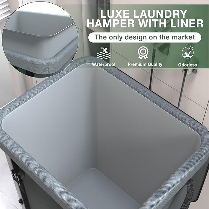 40 Gal(150L) Laundry Basket with Lid, Rolling Laundry Hamper with Wheels, Dirty Clothes Hamper with Metal Frame and Removable Bag Design, Suitable for Laundry Room, Bedroom - Grey