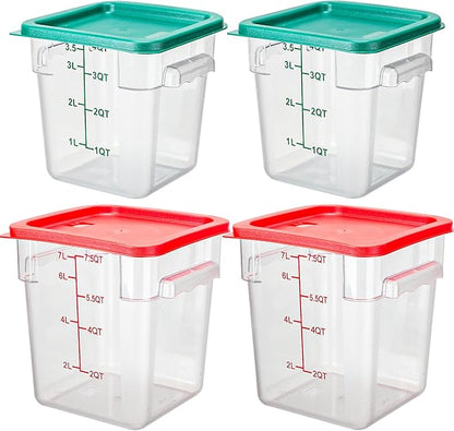 Lallisa 4 Pcs 8 Qt and 4 Qt Clear Food Storage Containers with Lids, Handles and Scales, Commercial Grade Square Containers Polycarbonate Air Tight for Home Storage Kitchen Restaurant(Red, Green)