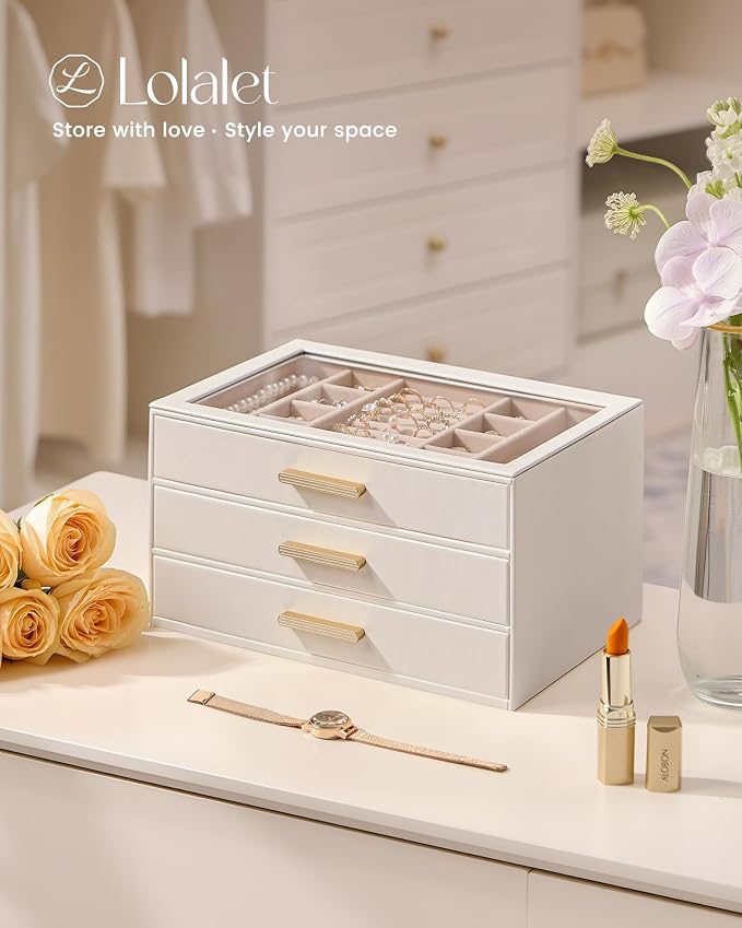 Lolalet Jewelry Box Organizer, 3-Layer Jewelry Organizers and Storage Case with Glass Lid, Ring Earring Bracelet Necklace Holder Organizer, Mothers Day Gifts for Mom, Women Girls -3Layer, Beige