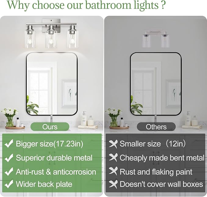 3-Light Bathroom Light Fixtures, Vanity Light with Clear Glass Shades, Brushed Nickel Bathroom Light Fixtures Over Mirror, Modern Bathroom Wall Lamp for Mirror Living Room Cabinet Bedroom