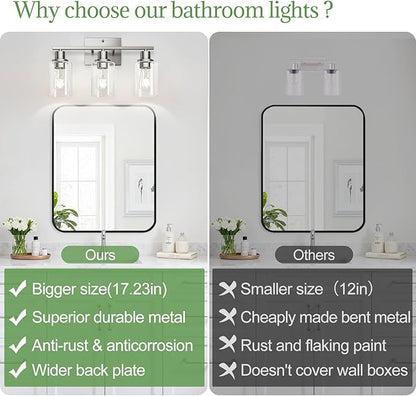 3-Light Bathroom Light Fixtures, Vanity Light with Clear Glass Shades, Brushed Nickel Bathroom Light Fixtures Over Mirror, Modern Bathroom Wall Lamp for Mirror Living Room Cabinet Bedroom