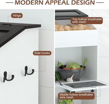 Wooden Potato and Onion Storage Bin w/Lid, Large Capacity and Ventilated Design, Ideal for Pantry, Kitchen White