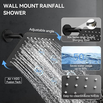 Shower System with Body Jets, Bostingner Four Modes Shower Faucet 12+6" Rain Shower Head with Handheld Spray 2 Ways, 4Pcs Shower Jets System in Wall Shower Faucet Sets Complete, Matte Black
